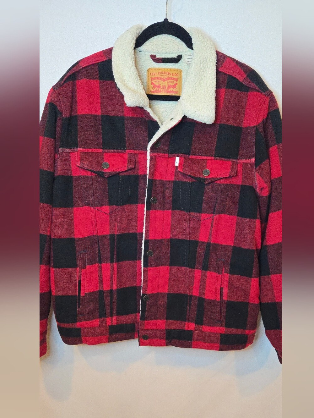 Levi's Red & Black Plaid Sherpa Collar Trucker Jacket Unisex XL